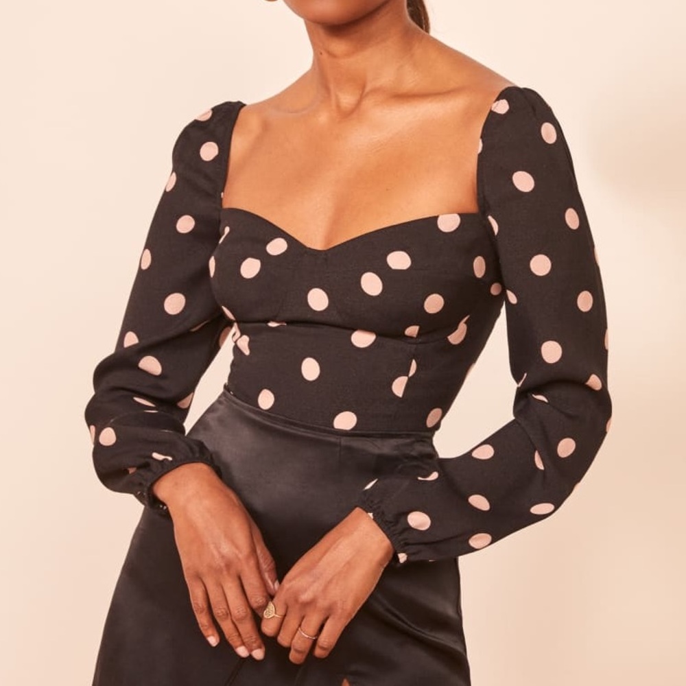 reformation reign top black pink polka dots